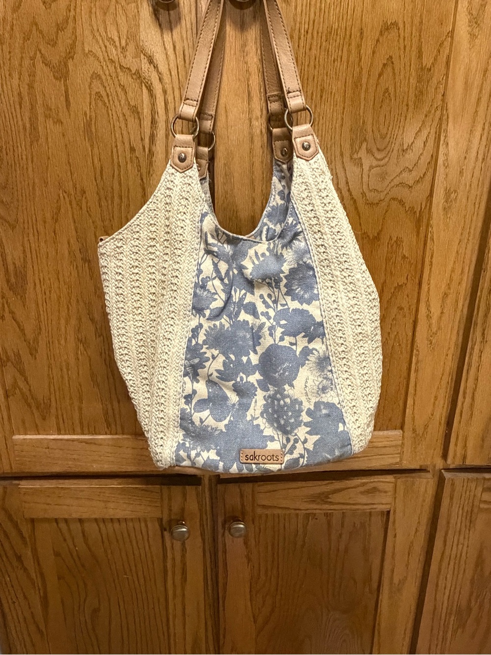 Sakroots Cream and Blue Floral Crochet Shoulder Tote